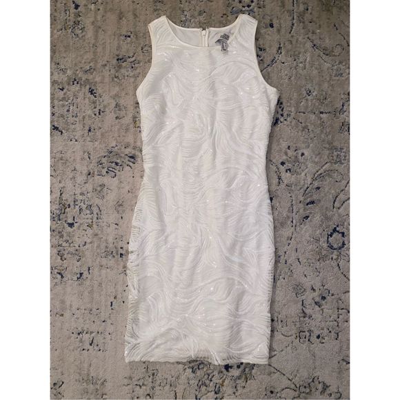 Belle Badgley Mishka Shift Sequin Ivory Sheath Swirly Dress, Size 2, MSRP $179 - Picture 2 of 13